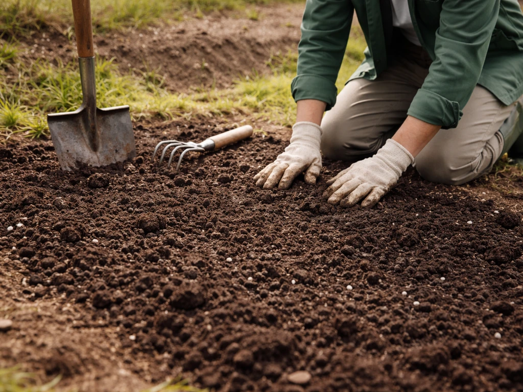 Jardinier anonyme préparant une parcelle de terre, mélangeant sable ou pouzzolane pour un lit de plantation drainant.