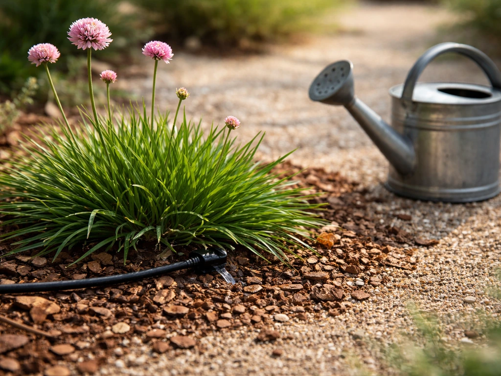 Goutte-à-goutte au pied d’une plante méditerranéenne, paillage sec et feuillage non mouillé.