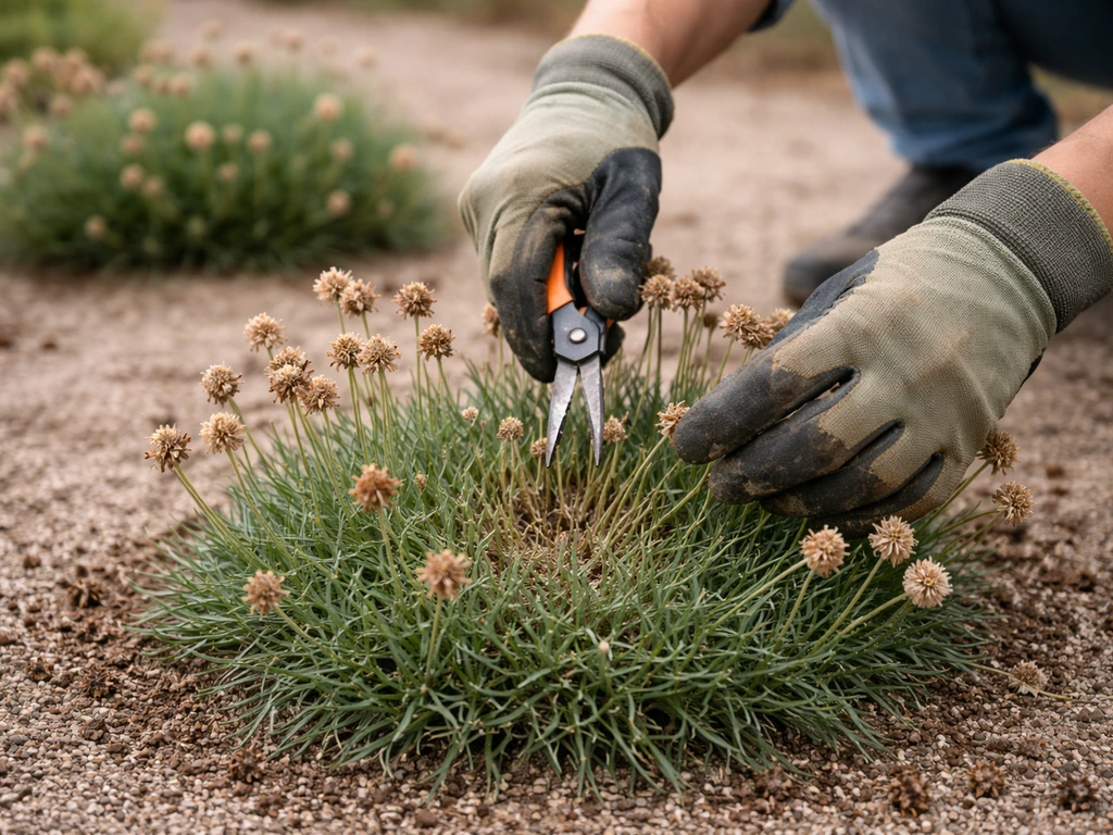Jardinier rabattant des hampes florales d’Armeria maritima après floraison, gants, touffe soignée