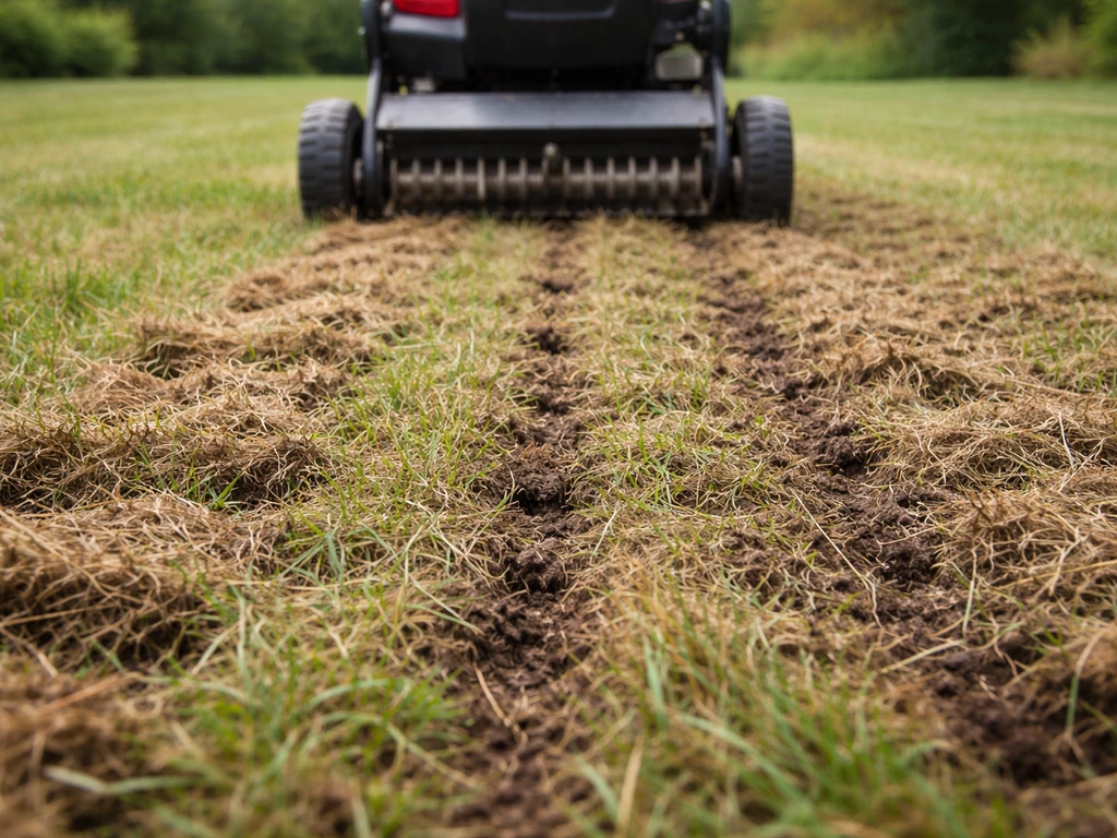 Pelouse avec machine de scarification en action, retrait du feutrage et sol aéré visible.