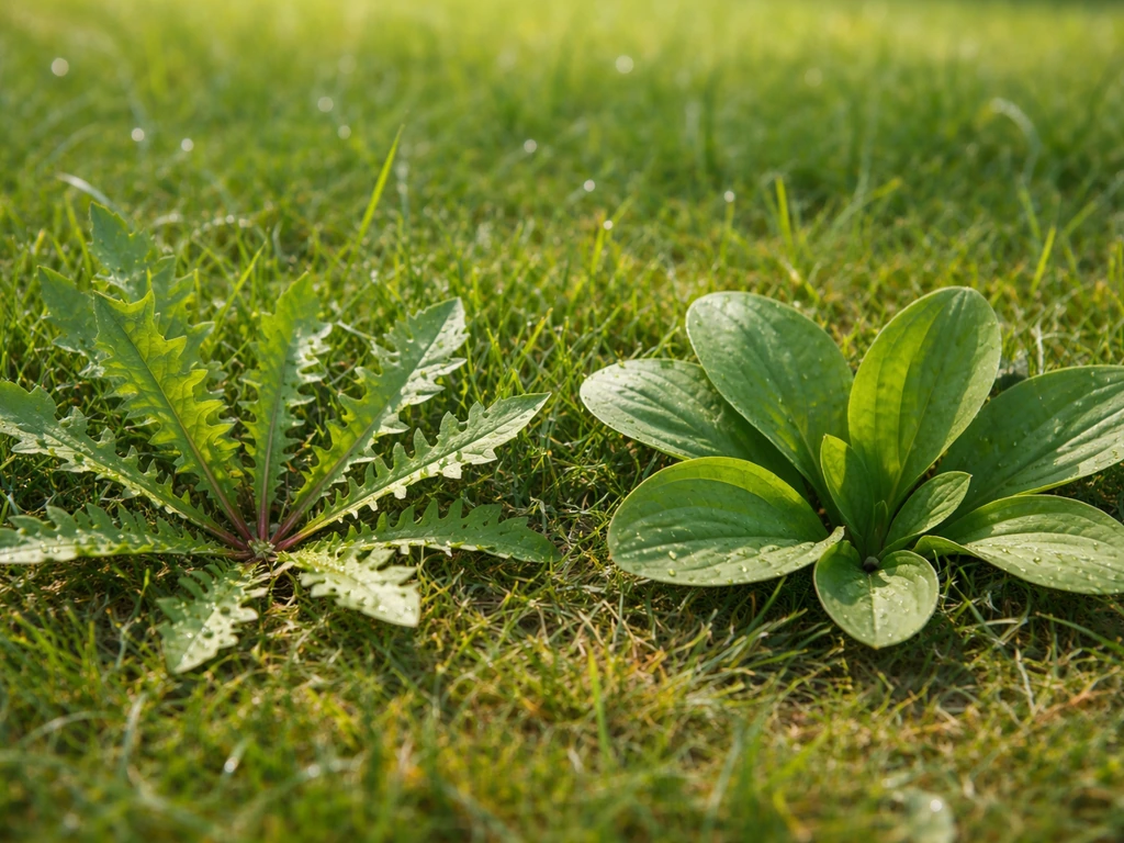 Comparaison nette de deux rosettes : feuilles dentées de pissenlit face à rosette de plantain sur une pelouse