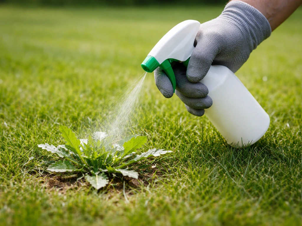 Main gantée pulvérisant une solution sur des herbes indésirables dans une pelouse verte, arrière-plan flou.