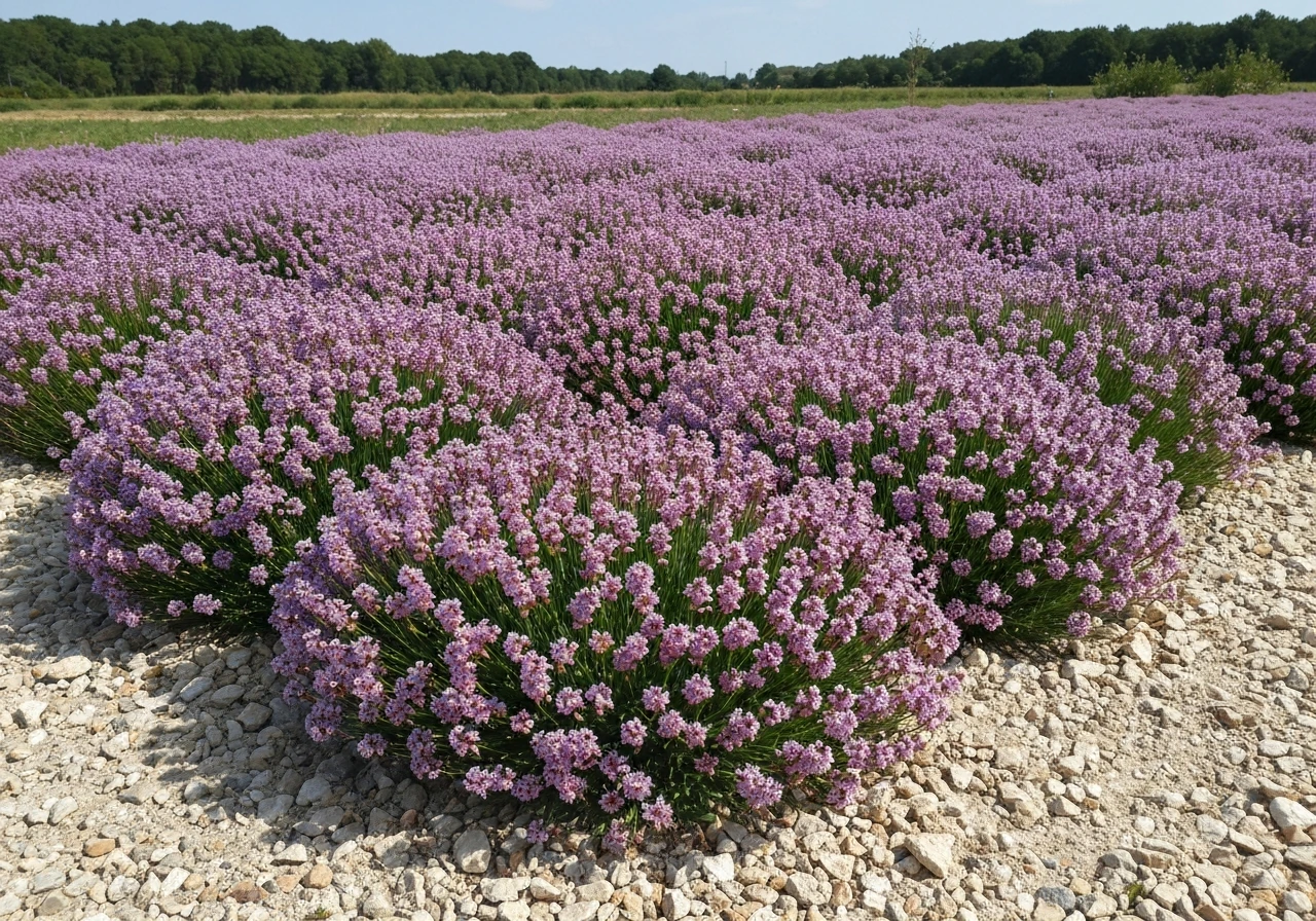 Massif de gazon d’Espagne fleuri, dense en coussinets, sur sol minéral de gravier au plein soleil.