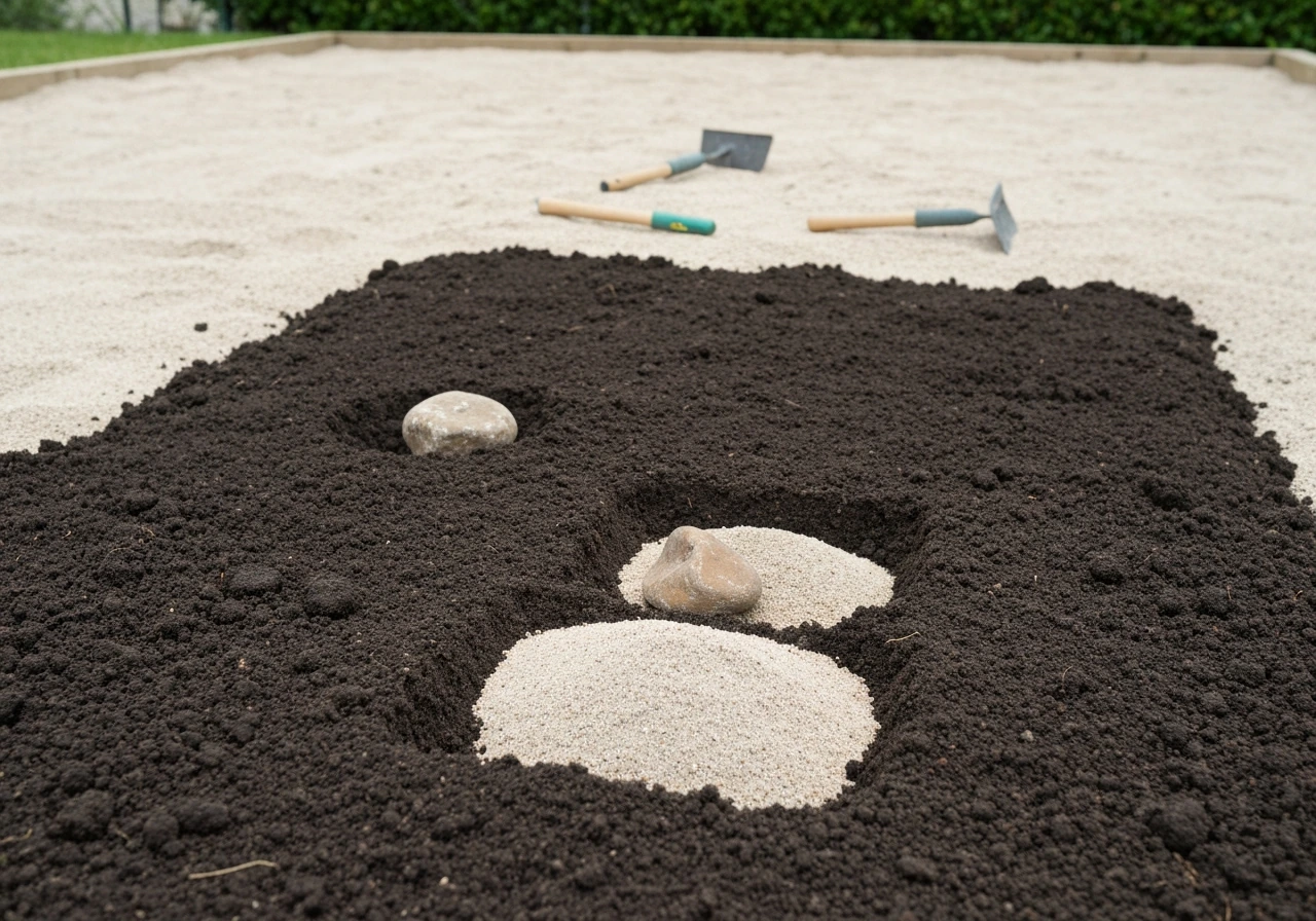 Jardinier anonyme mélange du sable grossier à une terre ameublie et retire des cailloux avant semis.
