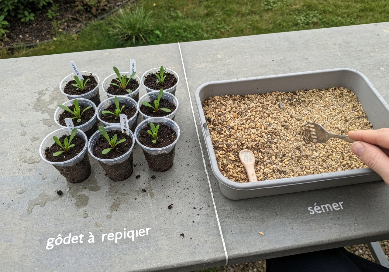 Deux options pour l’Armeria : godets prêts à repiquer à côté de graines et substrat, dans un jardin minimal.