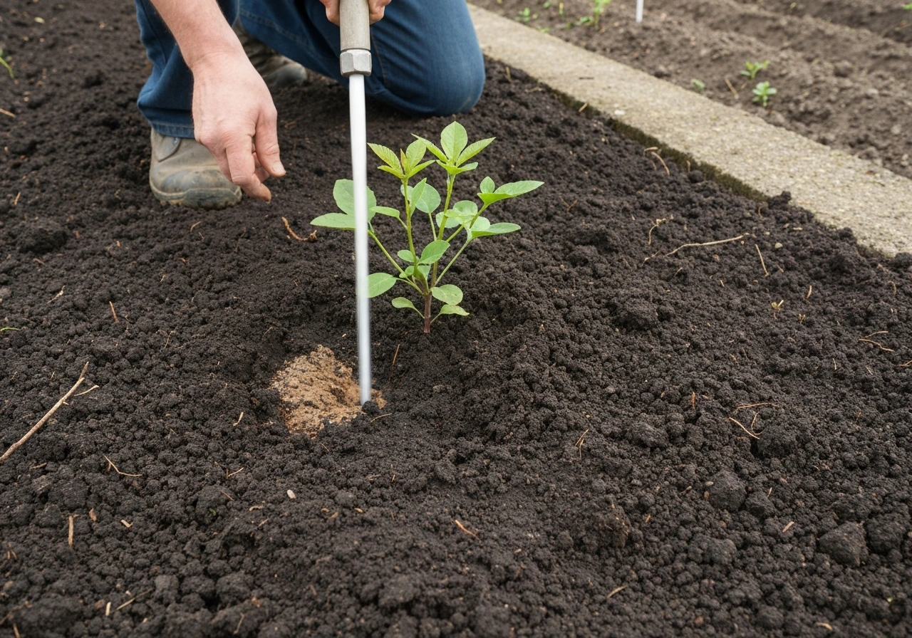 Jeune plante arrosée au pied : jet fin et régulier sur une terre meuble, sans flaques.