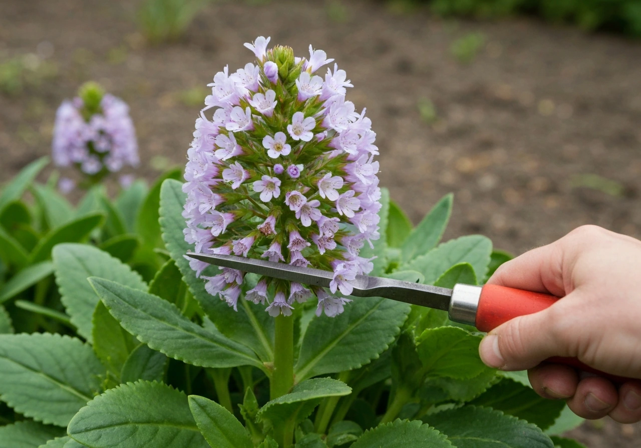 Main gantée coupant les hampes florales d’Armeria avec des cisailles, au jardin en lumière naturelle.