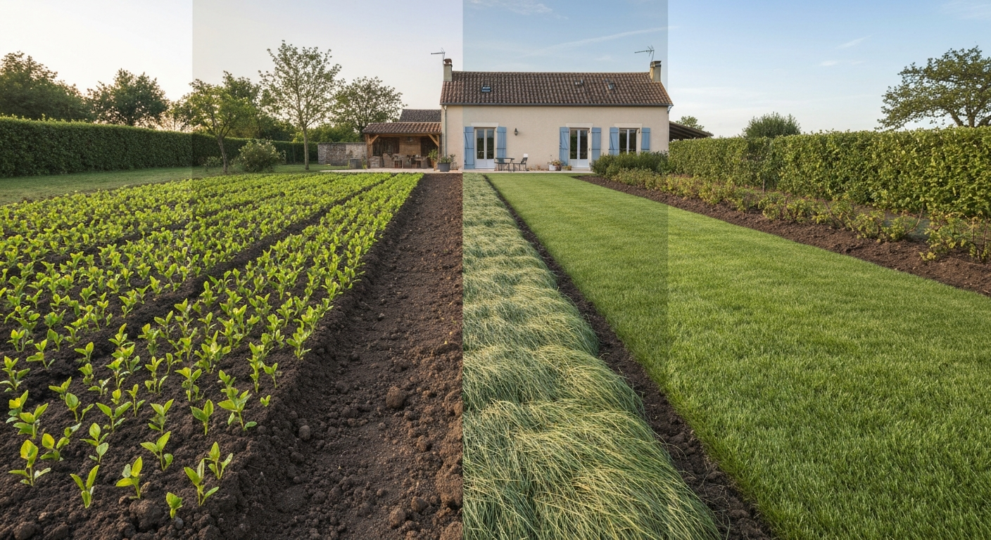 Jardin français comparant trois méthodes d'engazonnement : semis, gazon en rouleau et gazon synthétique
