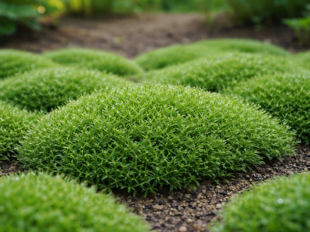 Gros plan sur un tapis dense de gazon turc (Saxifraga hypnoides) formant de petites touffes au sol