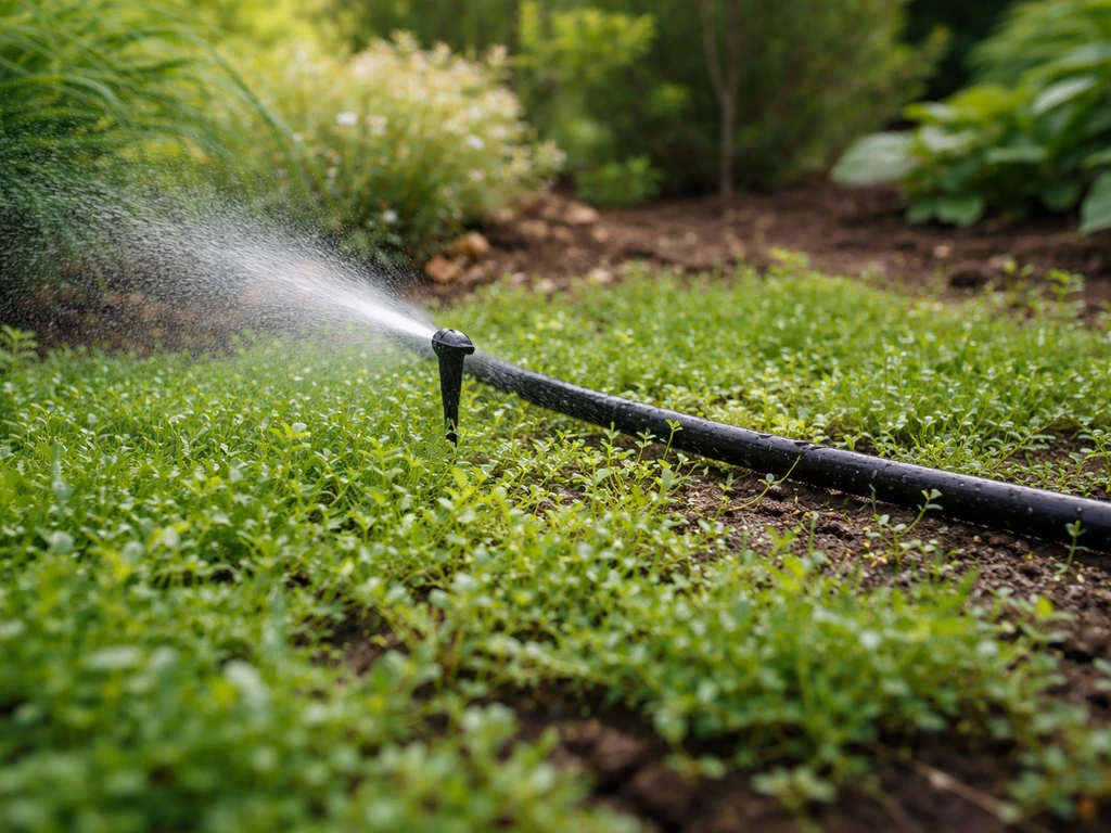 Arroseur à jet fin et tuyau goutte-à-goutte sur un couvre-sol verdoyant récemment installé.