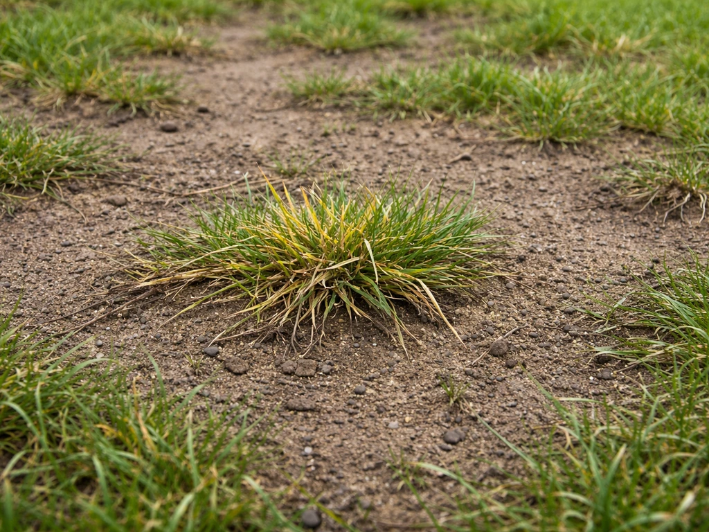Gazon jaunissant et plaques clairsemées près de l’herbe verte, sol visible, légère humidité au sol.