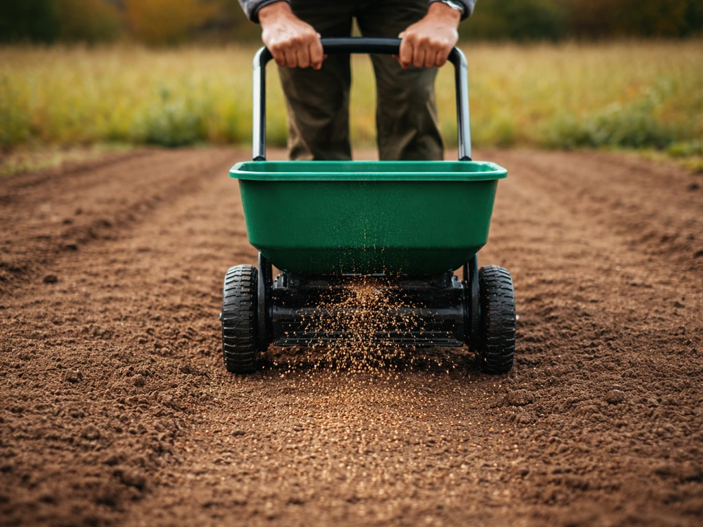 Un semoir/épandeur dépose des graines de ray-grass sur une parcelle finement préparée à l’automne.