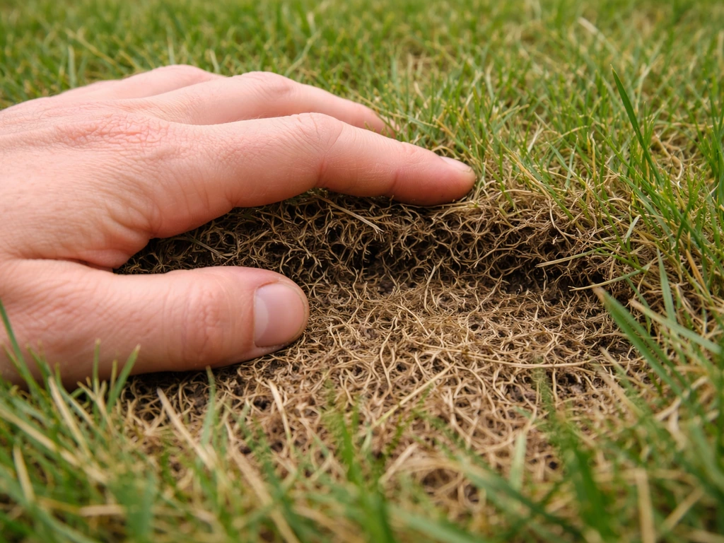 Main qui gratte une pelouse : feutrage brun spongieux visible entre brins d’herbe et sol