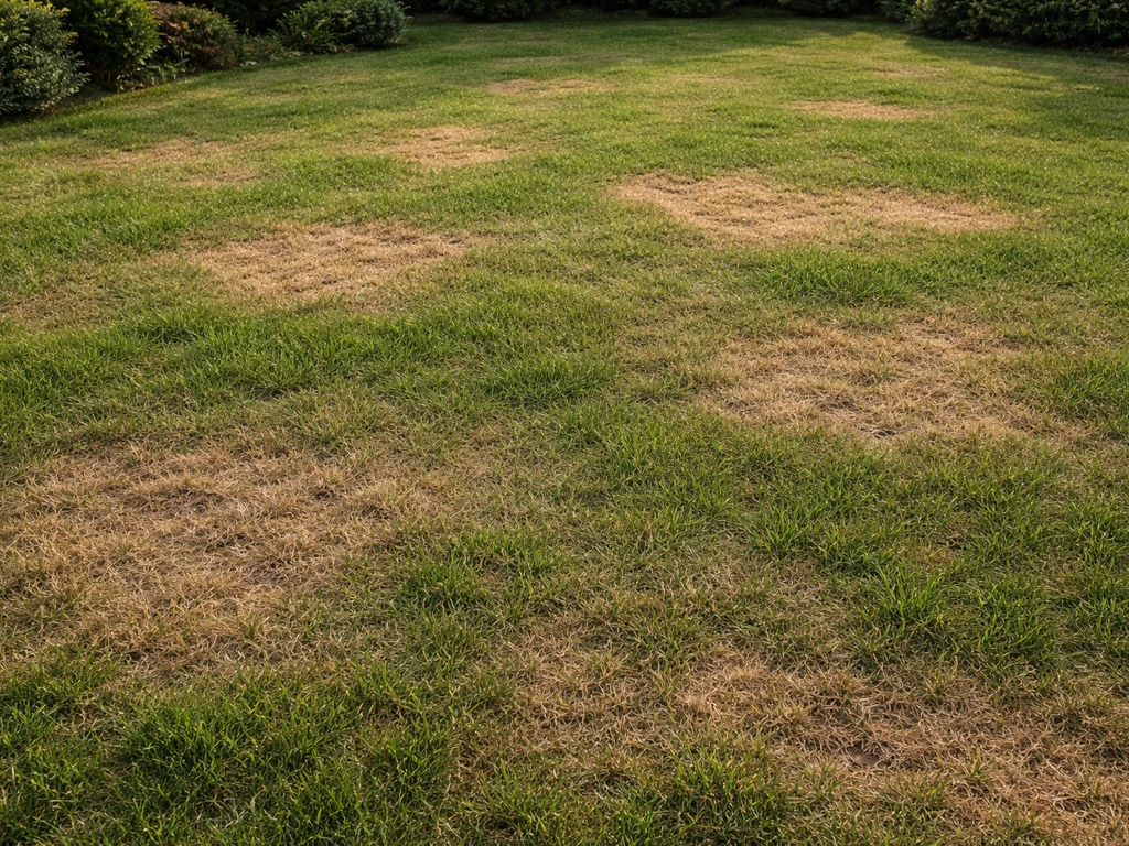 Pelouse de jardin en France avec plaques brunes diffuses sur un fond de gazon vert sain.