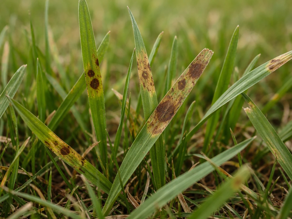 Gros plan d’herbe de pelouse avec petites taches brunes évoluant en plaques diffuses, typiques d’une maladie.