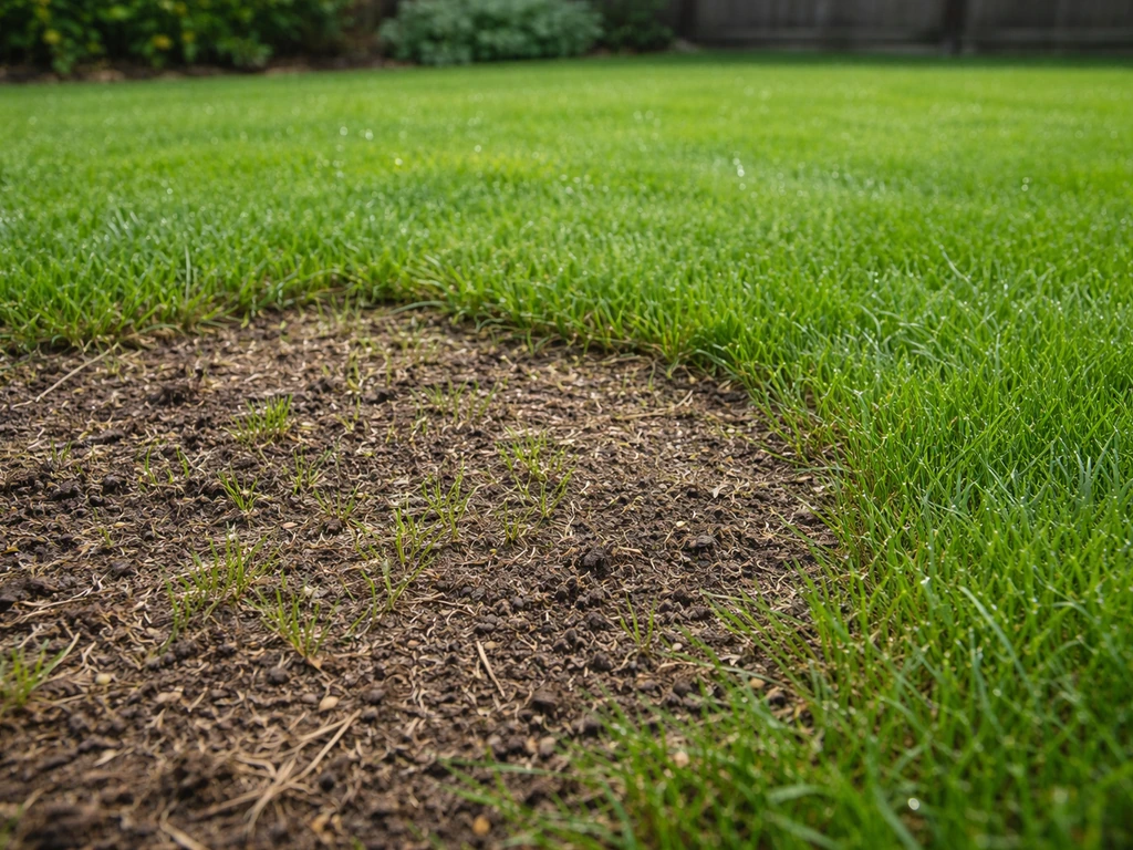 Zone de gazon brunie puis reprise avec semis récent visible, après arrosage léger au jardin.