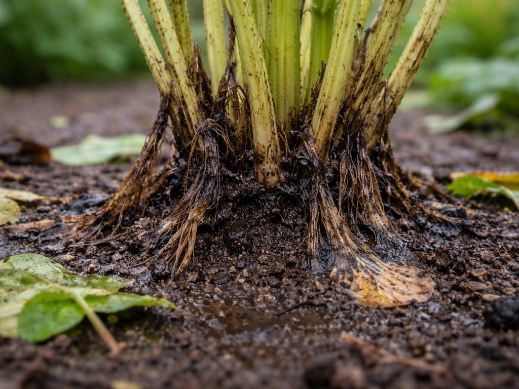 Brins de plante flétris et noircis à la base, sous une humidité fraîche, sur un sol sombre.