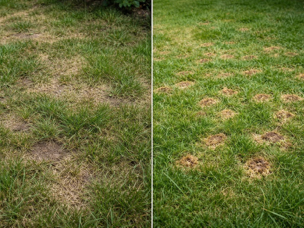 Gazon avec deux zones symptomatiques différentes, à gauche stress/carence, à droite taches proches anthracnose.