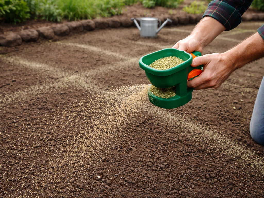 Mains semant du trèfle sur un sol préparé avec un petit épandeur à main, jardin minimal, lumière naturelle.
