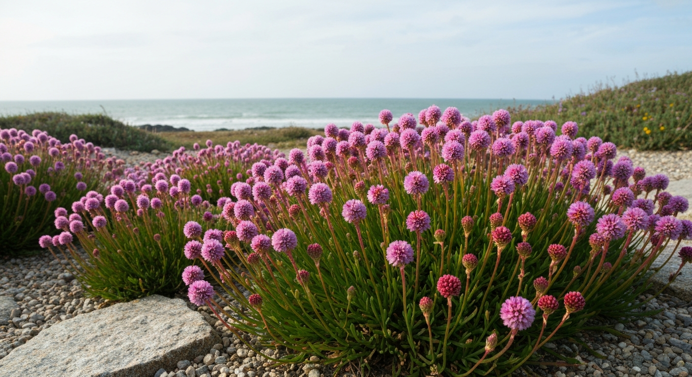 Parterre côtier d'arméries (gazon d'Espagne) en fleurs sur substrat graveleux, mer en arrière-plan