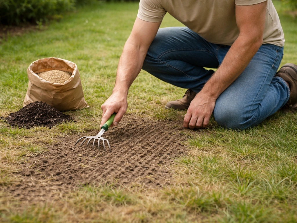 Jardinier scarifiant une pelouse dégarnie, avec terreau et graines à portée, prêt à regarnir.
