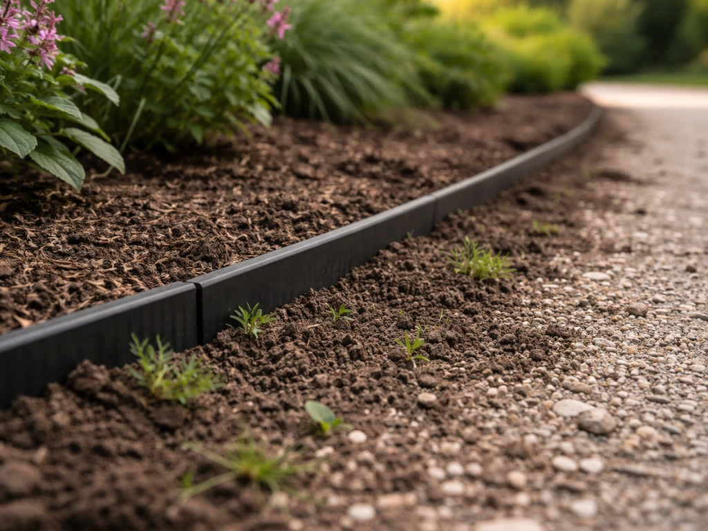 Bordure enterrée le long d’une allée de jardin, terre visible près des lisières où la plante revient.