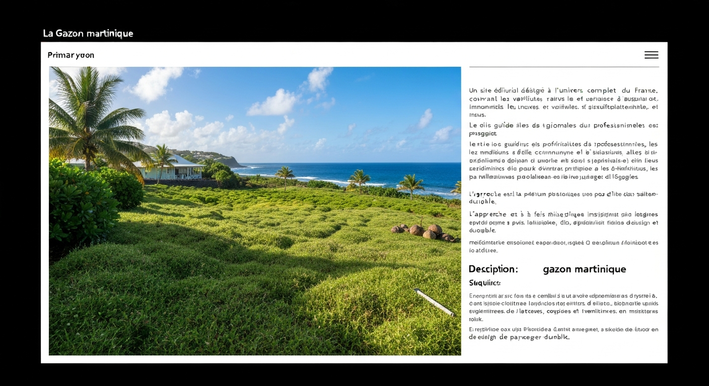 Panorama d'une pelouse tropicale martiniquaise avec maison créole, arbres et mer en arrière-plan, montrant différentes textures de gazon.