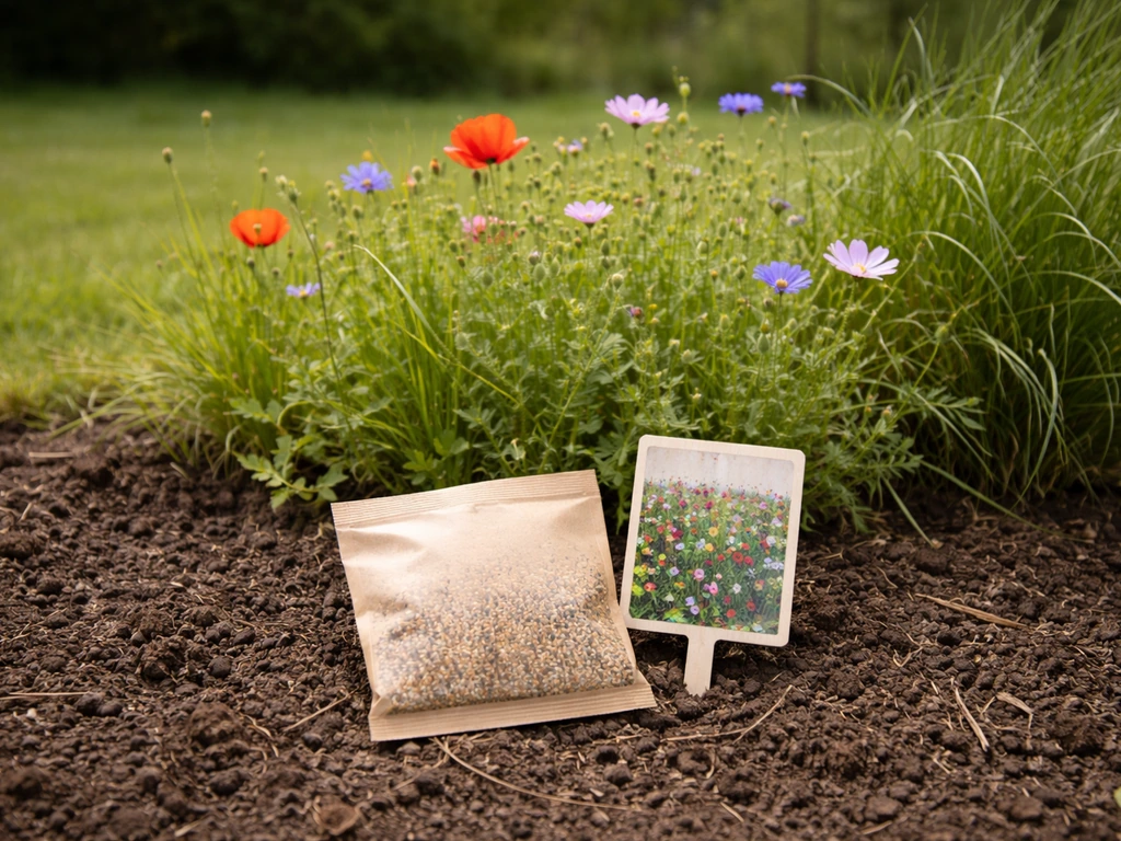 Petit carré de jardin avec graminées et fleurs, sachet de graines en premier plan pour illustrer le “marketing”.