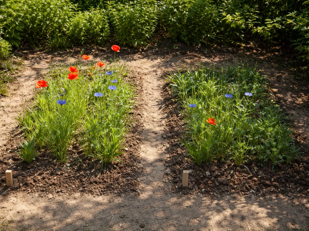 Deux petites zones de jardin : plein soleil avec fleurs, et mi-ombre avec plantes plus discrètes