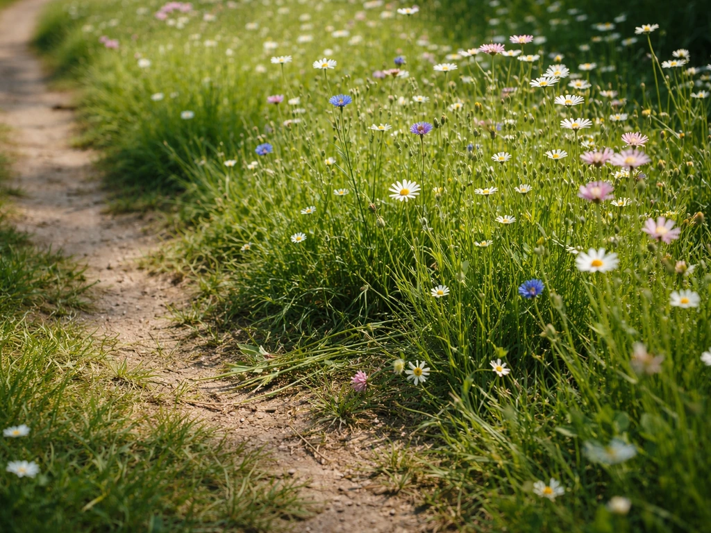 Parcelle de gazon fleuri japonais avec tiges fines abîmées par le passage et traces au sol près d’un sentier.