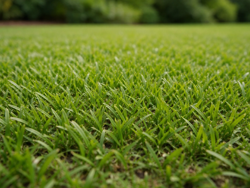 Gros plan d’un tapis dense de paspalum, texture épaisse des brins et feuillage uniformément touffu.