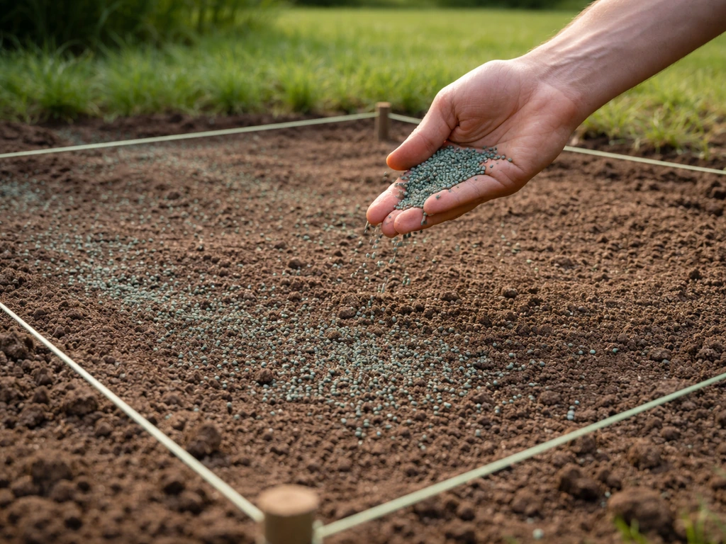 Main qui répand des graines enrobées de paspalum sur une terre préparée, avec zones pour vérifier la couverture.