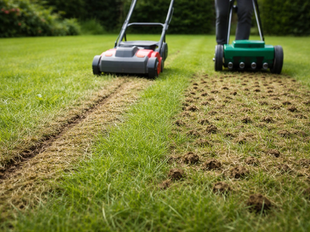 Pelouse jardin : scarification légère visible puis carottage sur deux petites zones distinctes, outils en action.