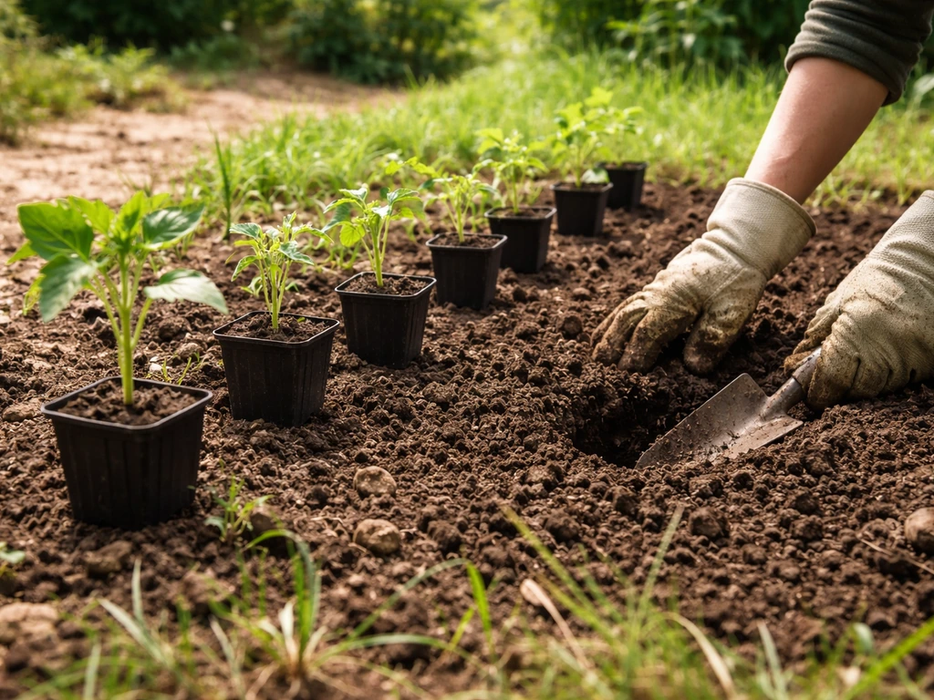 Jeunes plants dans une terre préparée au printemps, mains gantées en train de planter dans un jardin.