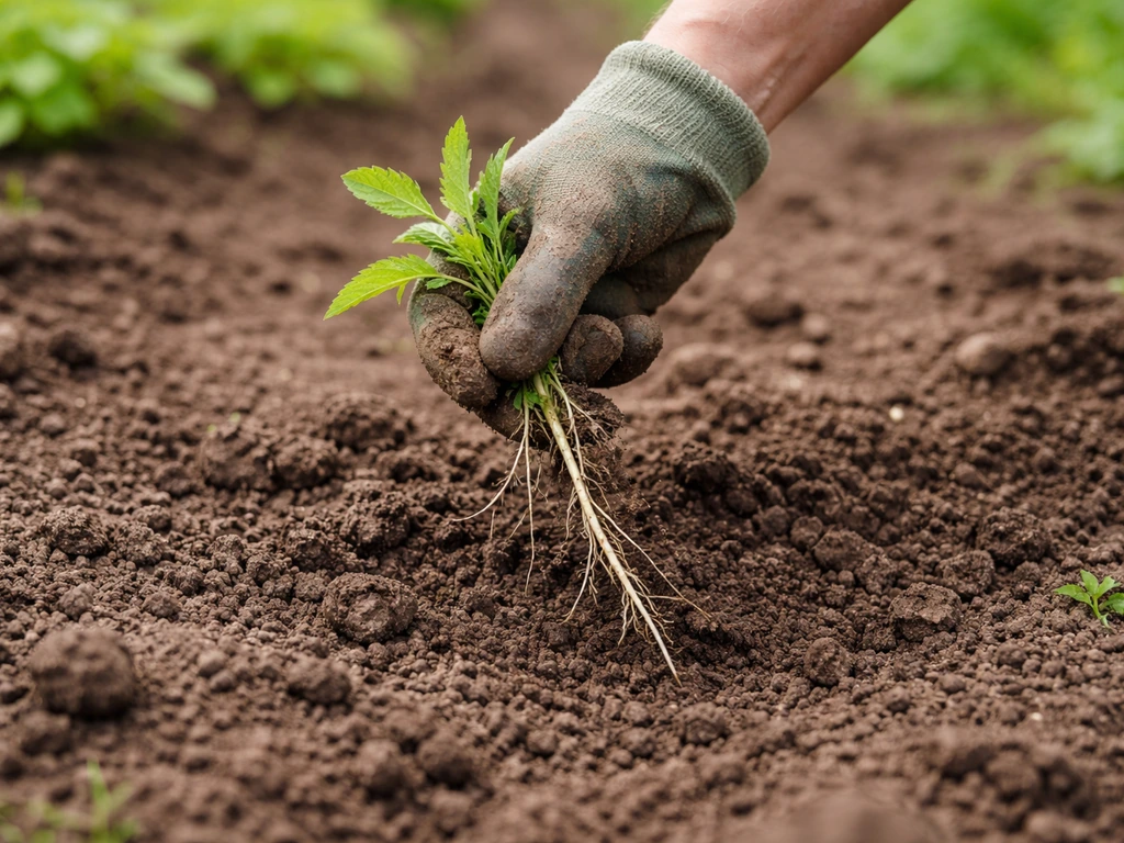 Désherbage manuel : arrachage de mauvaises herbes à la racine dans une terre humide, sol nettoyé