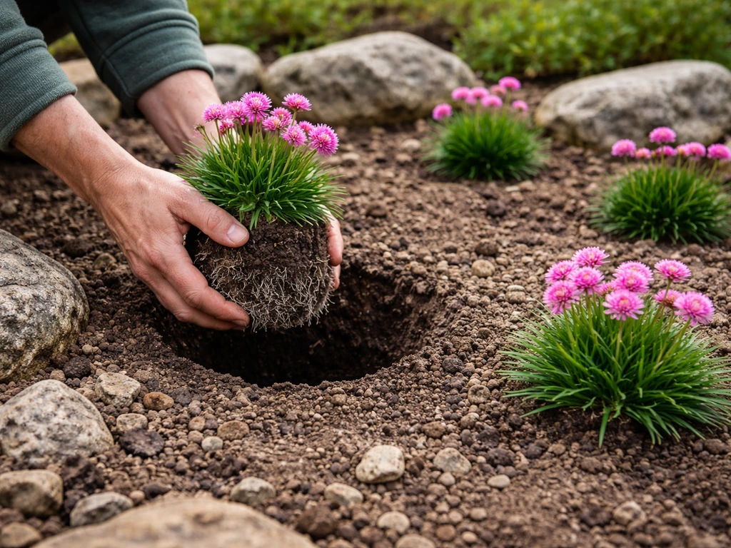 Des plants d’Armeria en mottes placés dans un trou, espacement visible entre touffes dans une rocaille