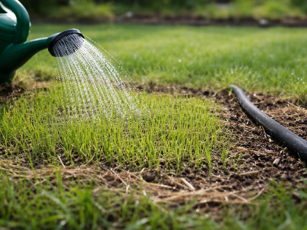 Jeune gazon fraîchement installé arrosé par goutte-à-goutte, sol humide et brins d’herbe en cours d’installation.