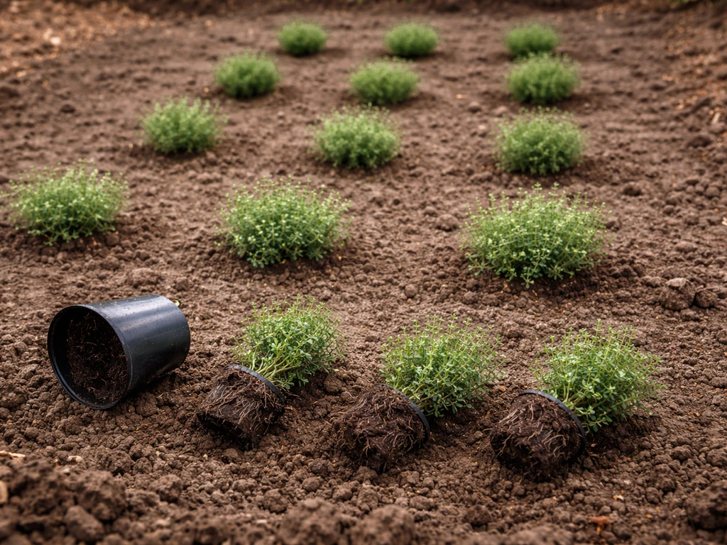 Jeunes plants de thym rampant en quinconce dans la terre, espacés d’environ 20 à 30 cm, godets à côté.