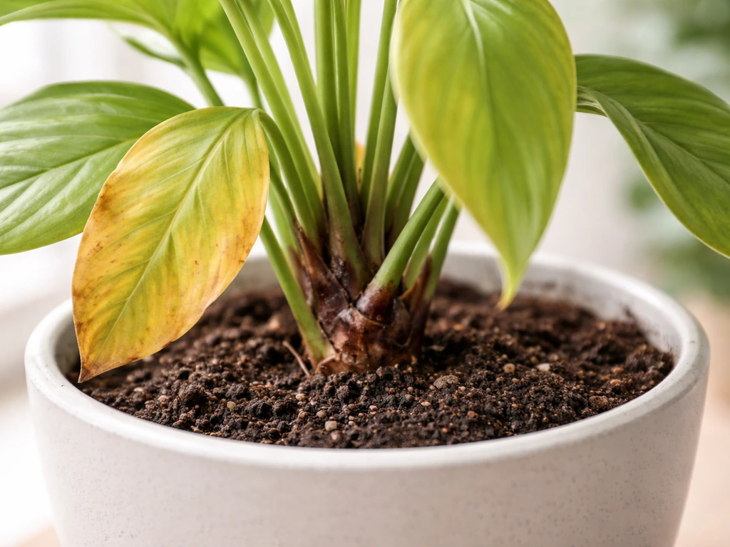 Gros plan sur un collet et des feuilles jaunies et molles, terre humide dans un pot de plante.