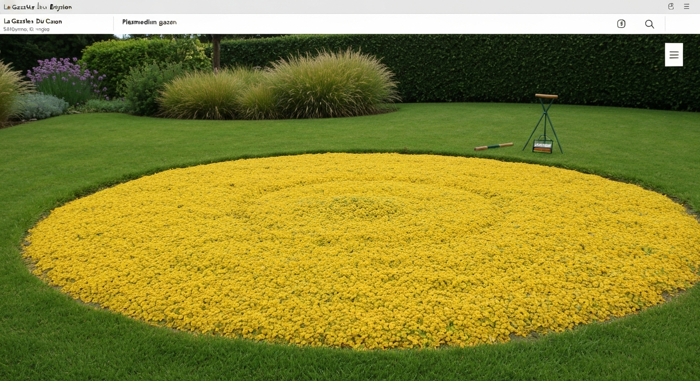 Pelouse avec une nappe jaune de plasmodium entre les brins d'herbe, râteau à côté pour l'échelle.
