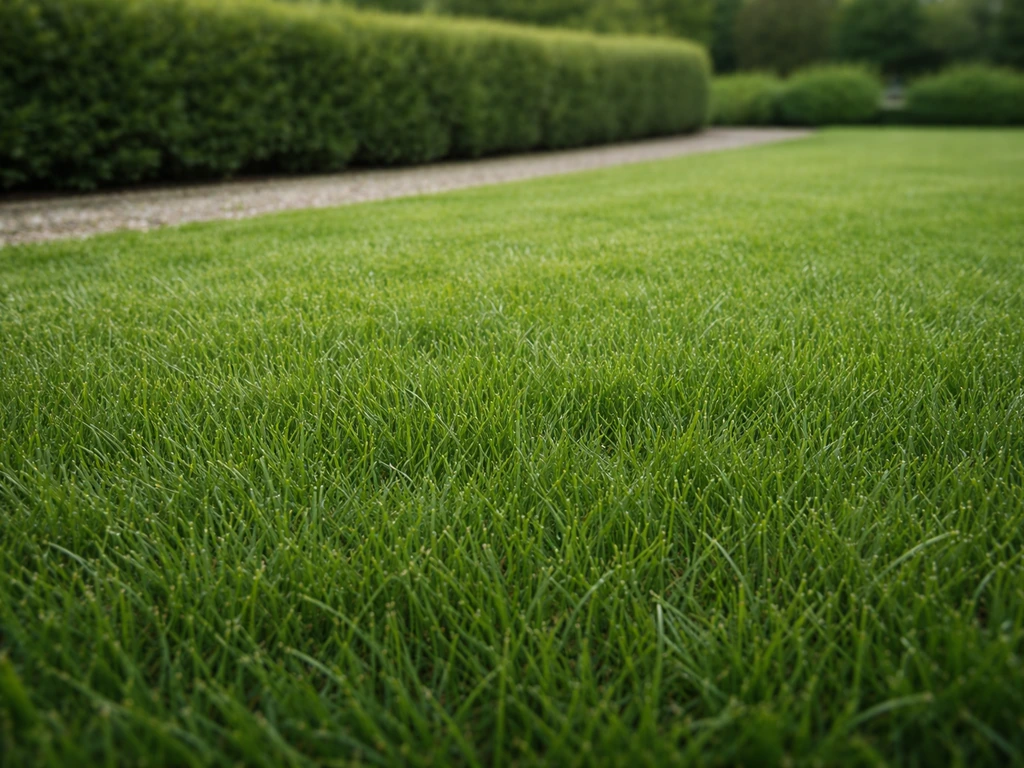 Pelouse dense et régulière de style gazon hollandais, vue au ras du sol dans un jardin français.