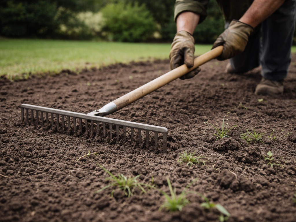 Mains anonymes râtelant une terre désherbée et nivelée dans le jardin avant de semer le gazon.