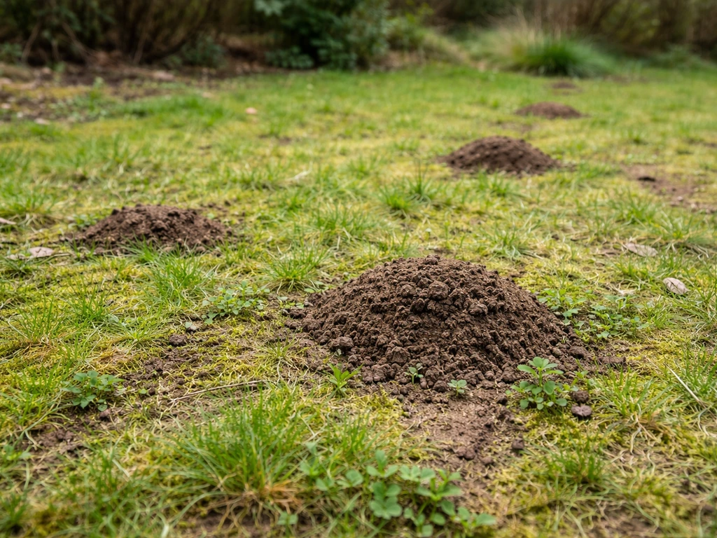 Pelouse clairsemée avec mousse et petites zones de terre remuée, signe d’activité de taupe.