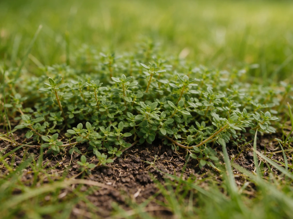 Gros plan de thym rampant dans la pelouse, feuilles et tiges rampantes visibles entre l’herbe.