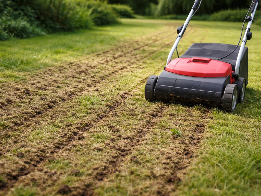 Scarification et aération d’un sol de pelouse, terre légèrement ouverte avec un petit appareil en action