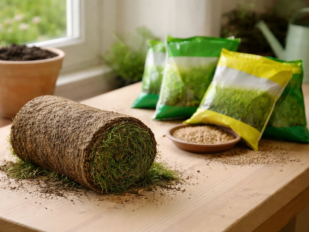 Rouleau de gazon et sachets de semences de jardinage sur une table, évoquant un mélange vendu comme « gazon californien