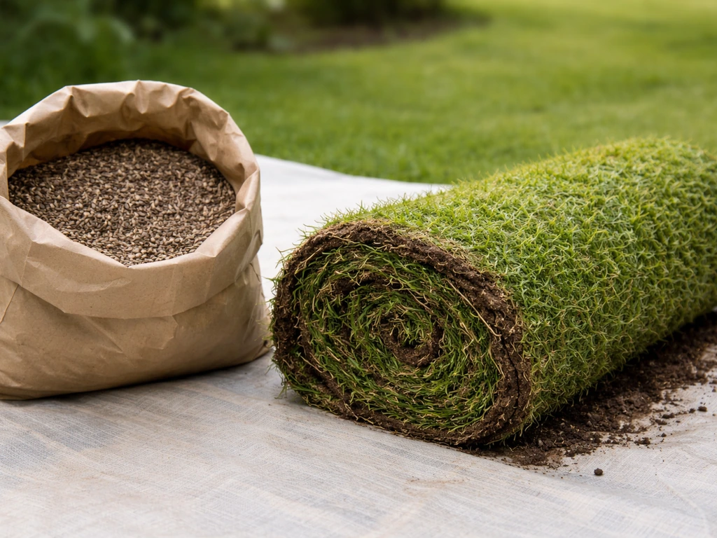 Rapproché de sacs de semences et de rouleaux de gazon pré-cultivé prêts à être déroulés.