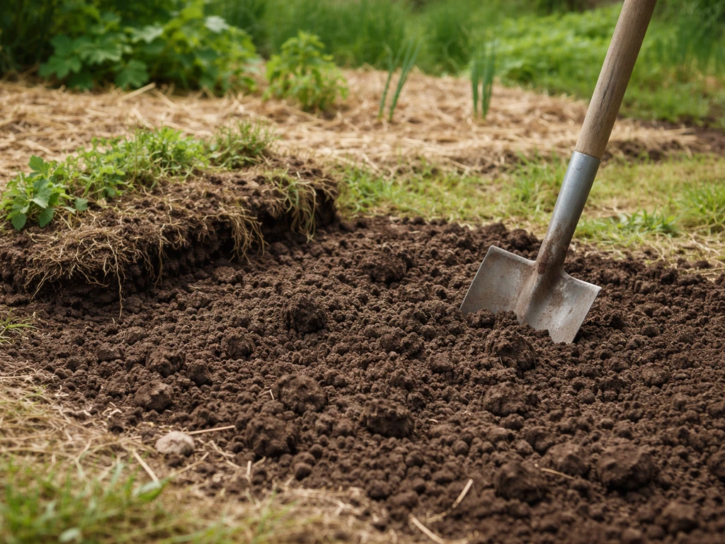 Un jardinier retire une couche de végétation, sol nu fraîchement retourné prêt pour le semis.