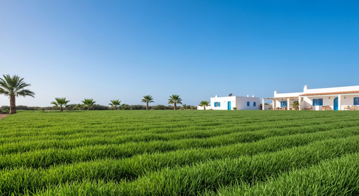 Pelouse Kikuyu dense et verte en bord de mer tunisien, lumière du matin