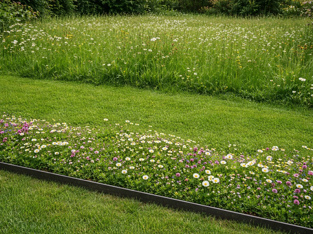 Bordure de pelouse fleurie dense et zone prairie plus haute et naturelle dans un même jardin.